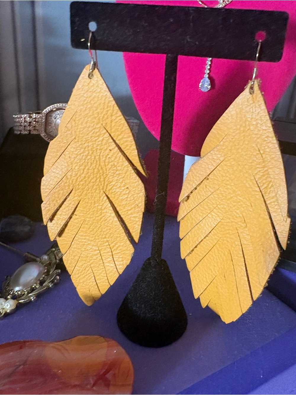 Leather Feather Drop Earrings - Yellow